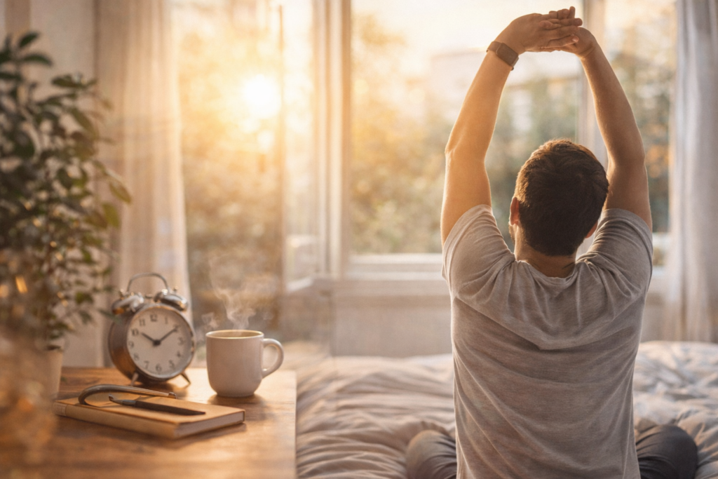 morning sunlight and stretching to start a productive day