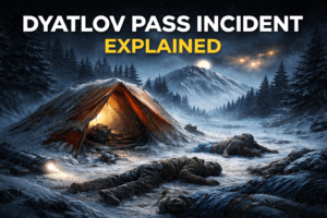 Dyatlov Pass Incident in the Ural Mountains, hikers’ tent on snowy slope under stormy night sky