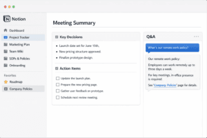 Notion AI workspace mockup showing meeting summary, action items checklist, and Q&A panel for team policy answers.