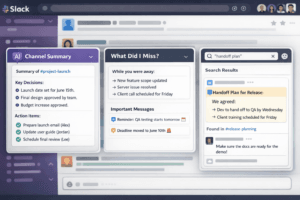 Slack AI interface showing channel summary, “What did I miss?” catch-up digest, and AI search surfacing key decisions and actions.