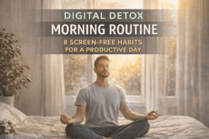 Person meditating in sunlight as part of a digital detox morning routine