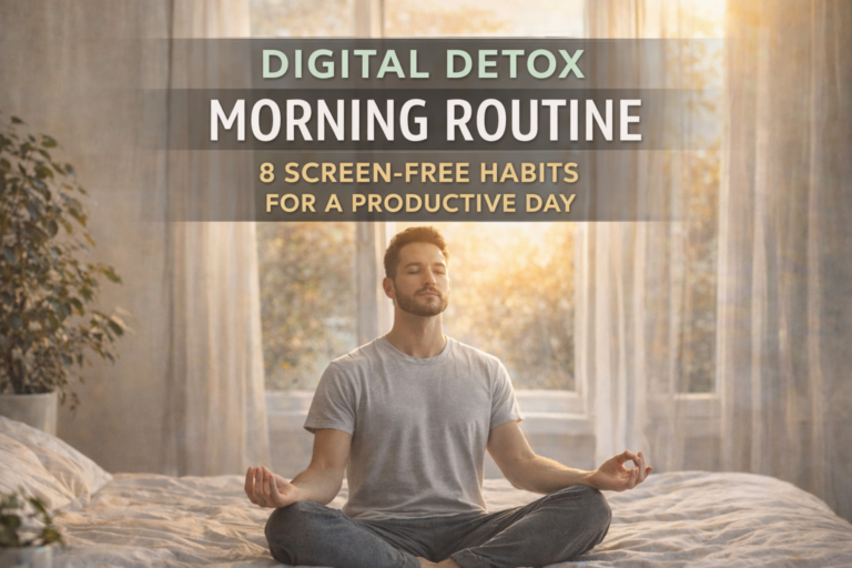 Person meditating in sunlight as part of a digital detox morning routine
