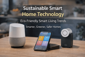 Smart home devices including Google Home and smart lock with eco-friendly control panel for climate, lighting, and security.